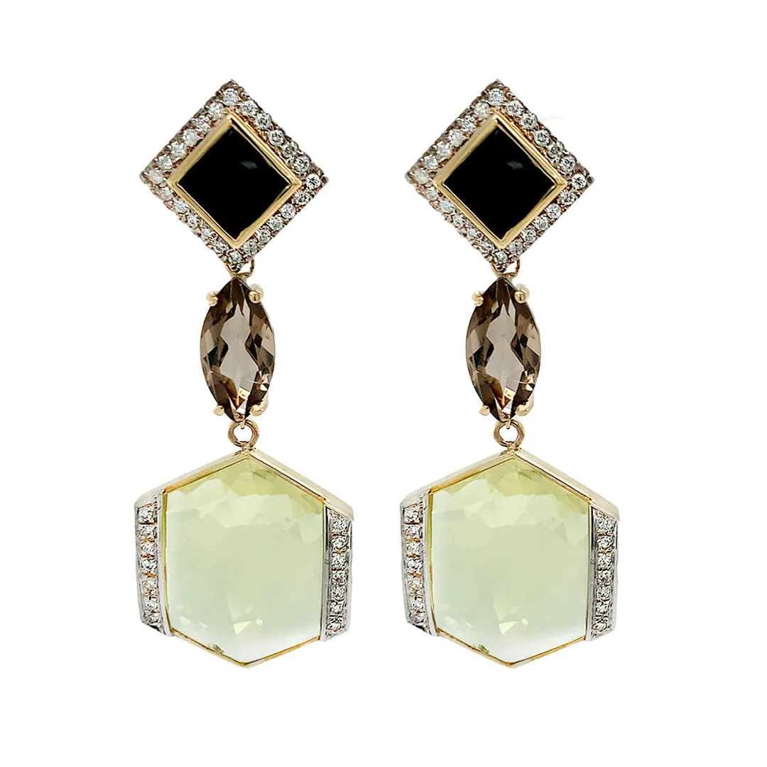 Lemon Citrine, Smokey Quartz and Diamonds Earring Pendants