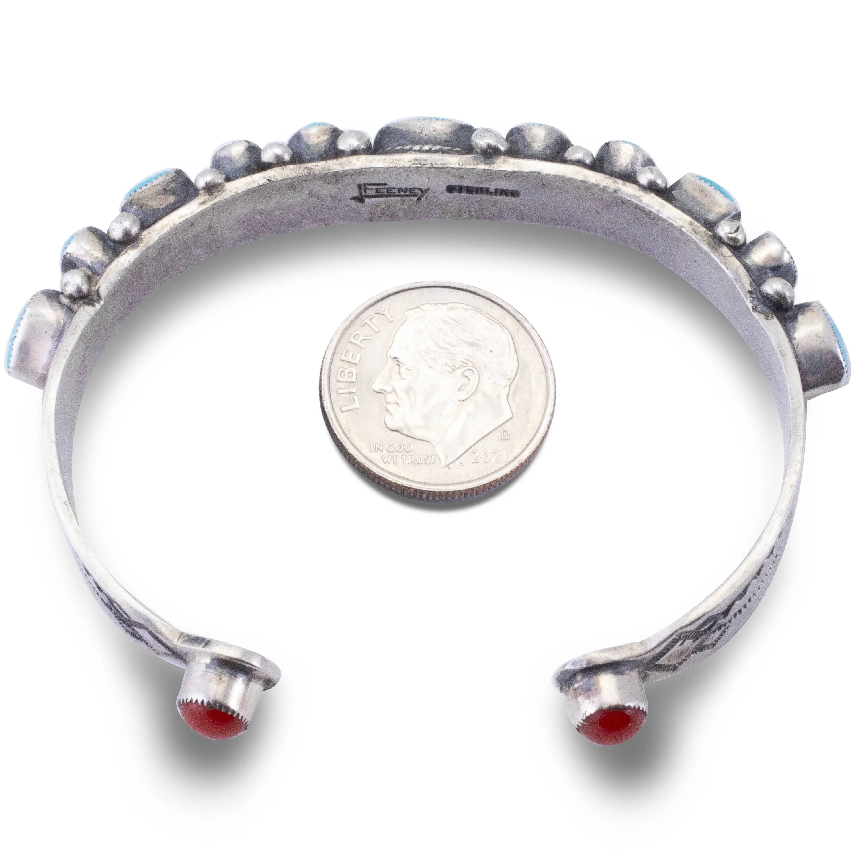 Leo Feeney Sleeping Beauty Turquoise with Coral Accents USA Native American Made 925 Sterling Silver Cuff