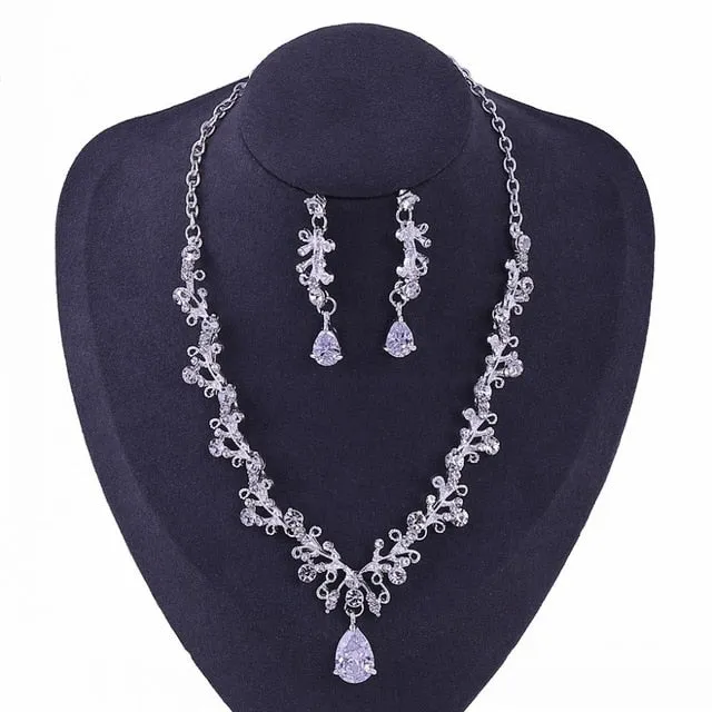 Luxury Noble Crystal Leaf Bridal Jewelry Sets Rhinestone Crown Tiaras Necklace Earrings for Bride-Jewelry Sets