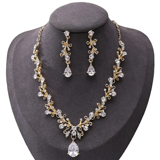 Luxury Noble Crystal Leaf Bridal Jewelry Sets Rhinestone Crown Tiaras Necklace Earrings for Bride-Jewelry Sets