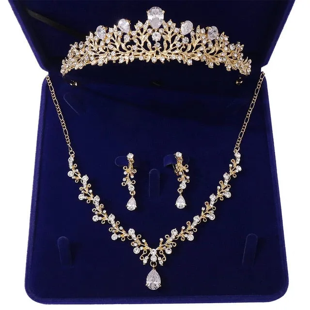 Luxury Noble Crystal Leaf Bridal Jewelry Sets Rhinestone Crown Tiaras Necklace Earrings for Bride-Jewelry Sets