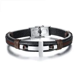 Men's Cross Bracelet <br> Leather Silver Cross