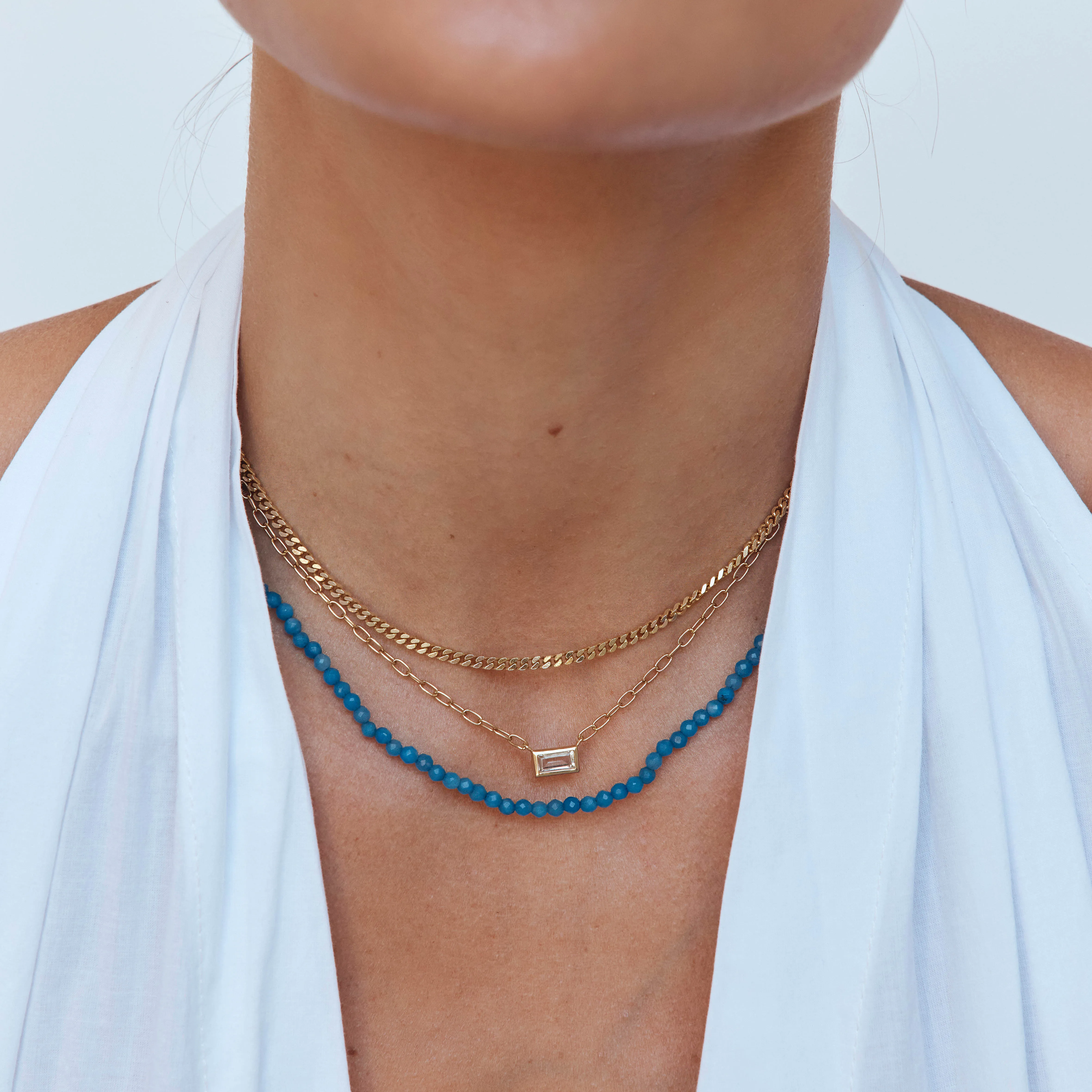 Micro Blue Agate Bead Necklace in Gold