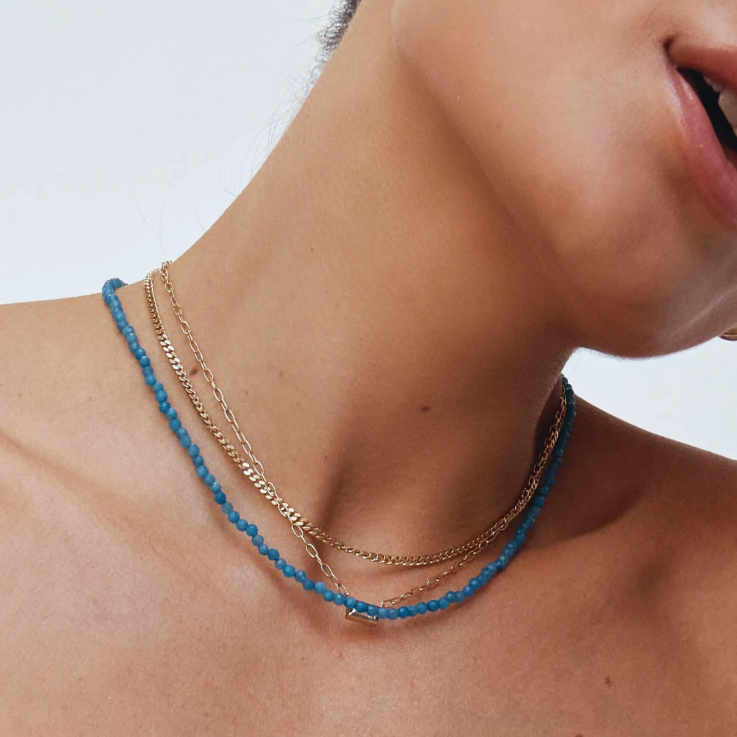 Micro Blue Agate Bead Necklace in Gold