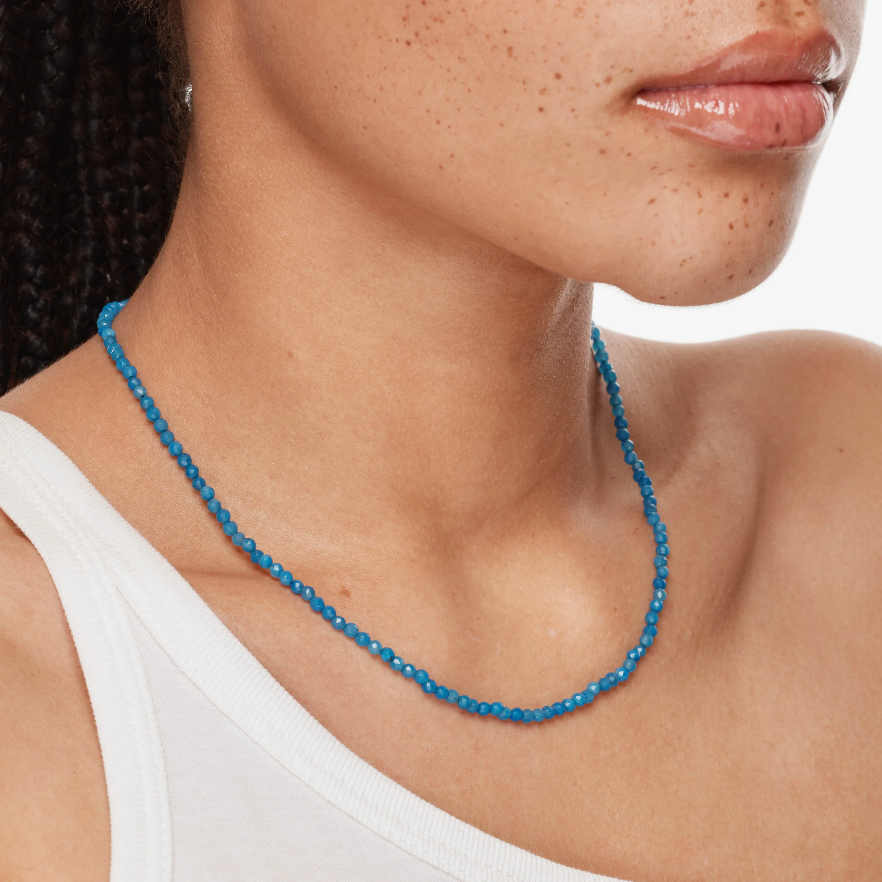Micro Blue Agate Bead Necklace in Gold