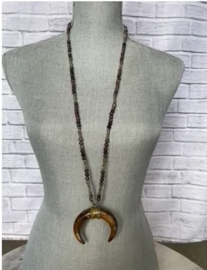 Multi Gemstone Beaded Necklace With Wooden Double Horn