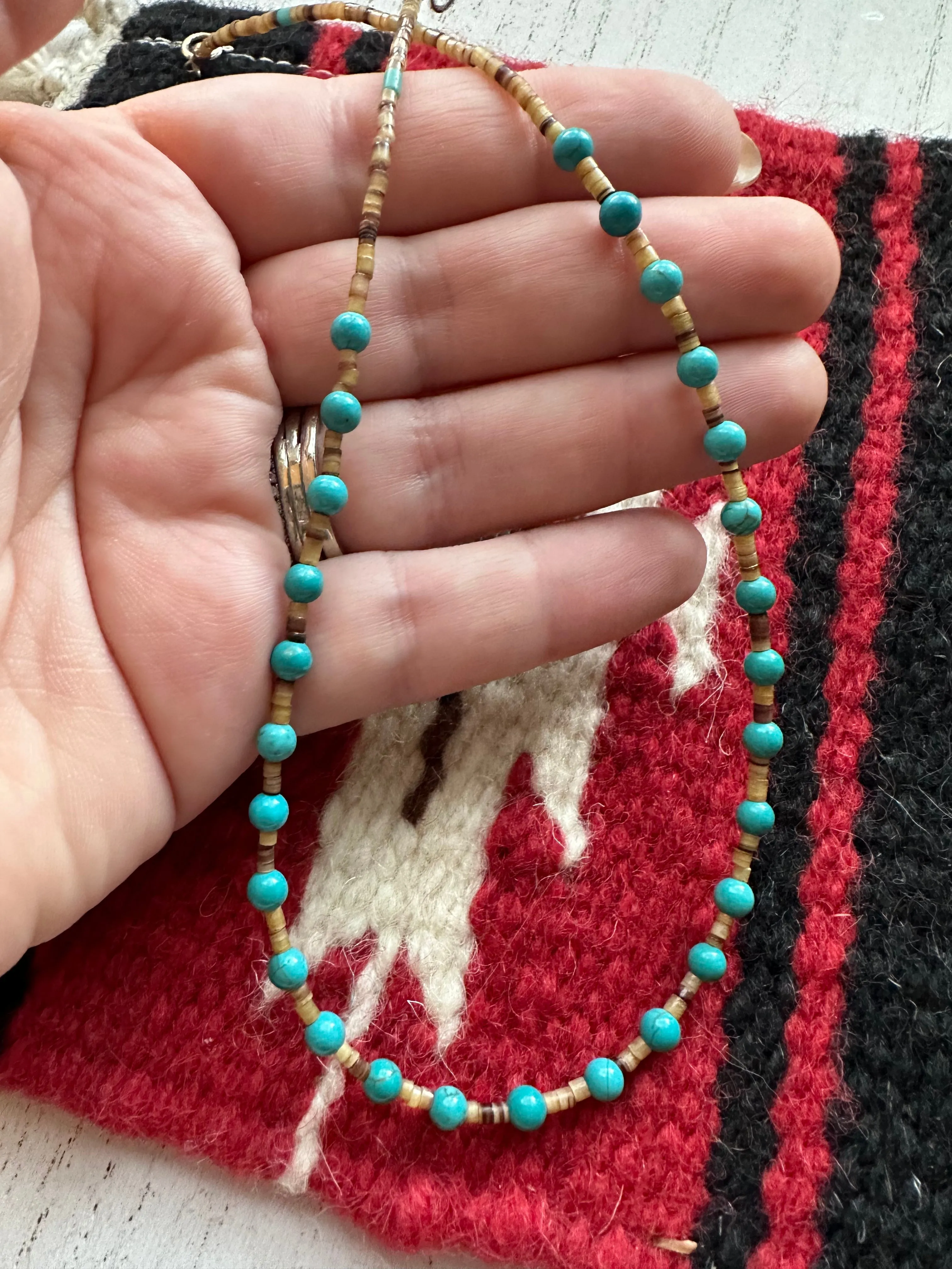 Navajo Turquoise And Heishi  Beaded Necklace 16”
