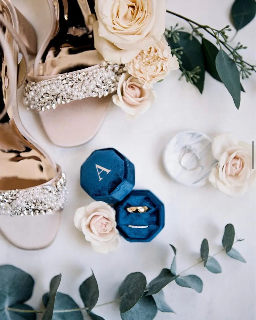 Navy Blue Velvet Round Octagon Ring Box
