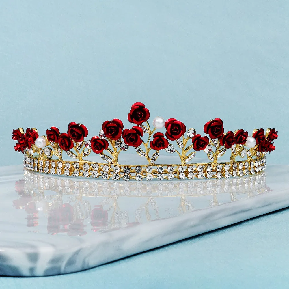 New crown set bride wedding jewelry red rose necklace earrings crown three-piece set