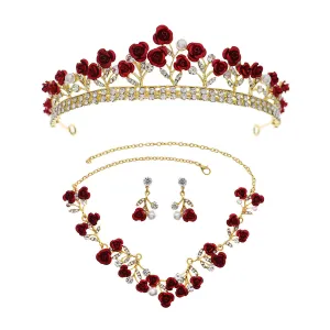 New crown set bride wedding jewelry red rose necklace earrings crown three-piece set