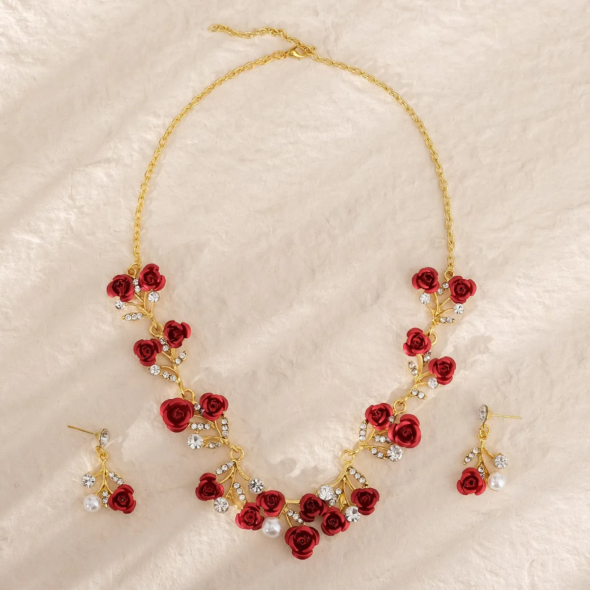 New crown set bride wedding jewelry red rose necklace earrings crown three-piece set