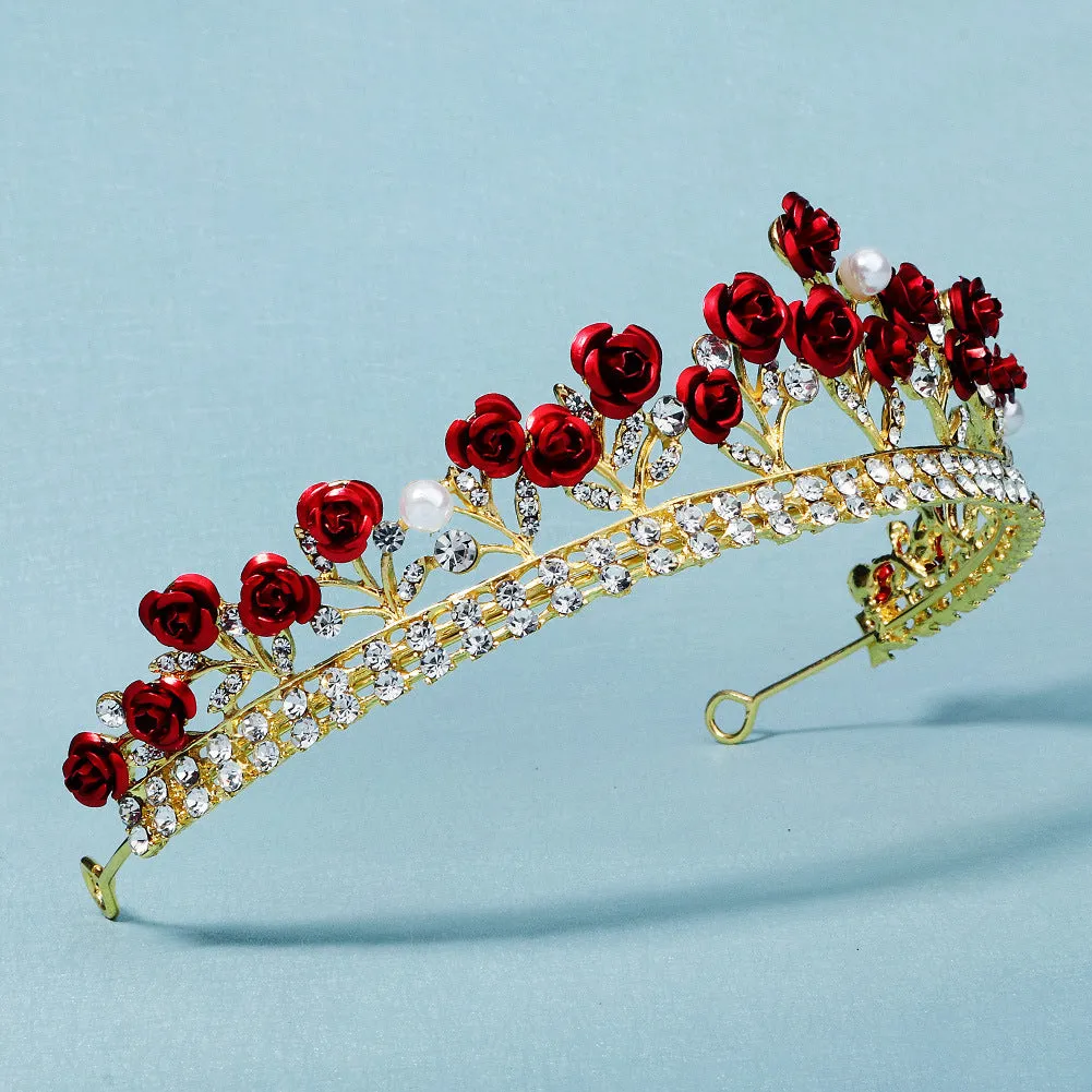 New crown set bride wedding jewelry red rose necklace earrings crown three-piece set