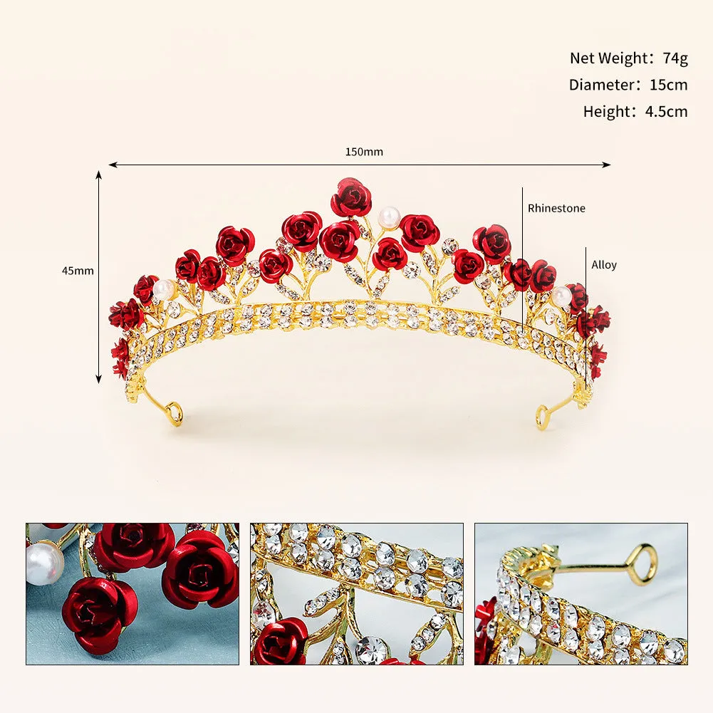 New crown set bride wedding jewelry red rose necklace earrings crown three-piece set