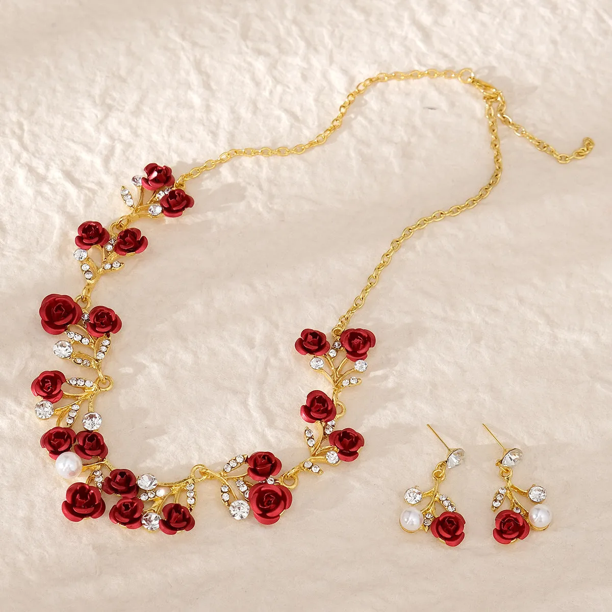New crown set bride wedding jewelry red rose necklace earrings crown three-piece set