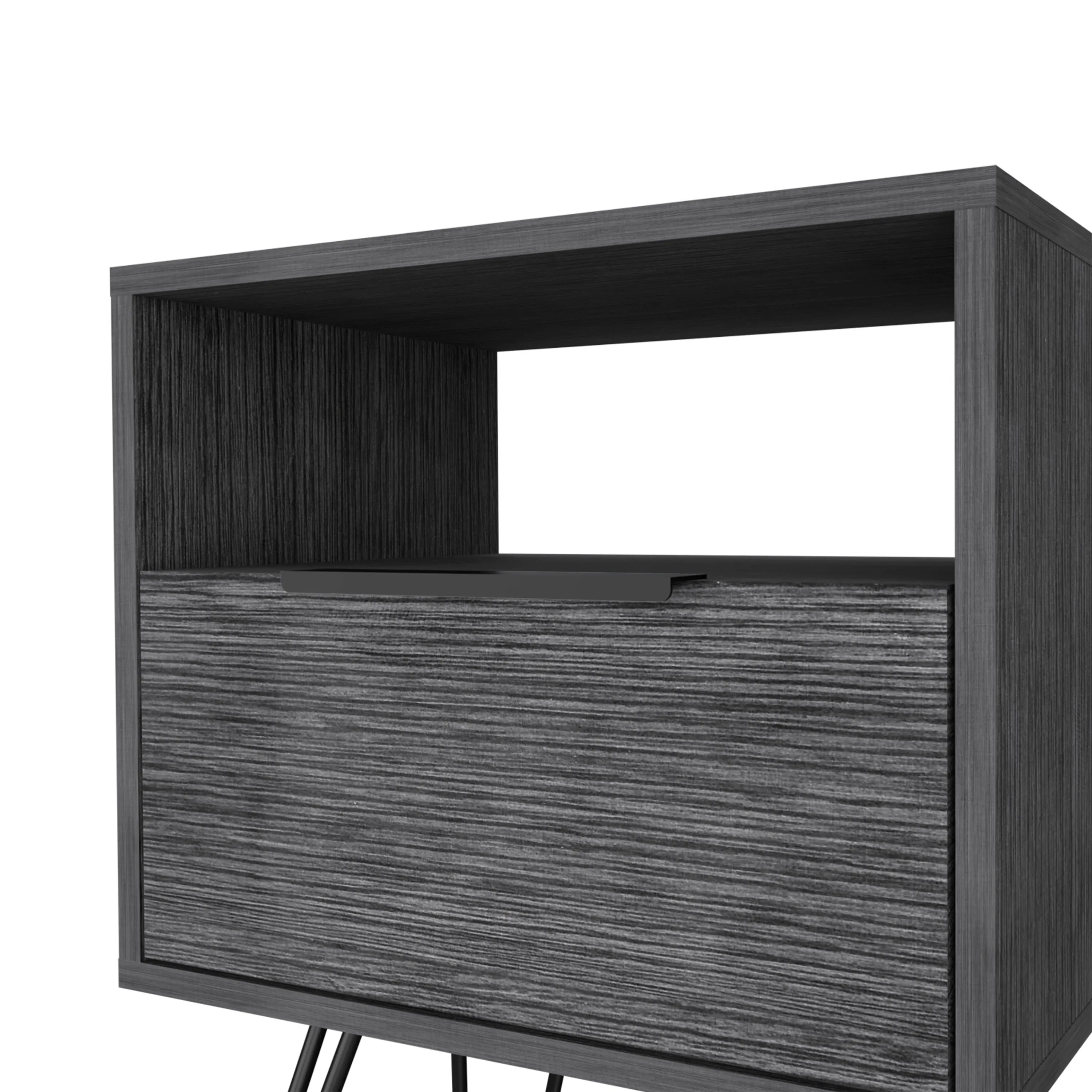 Nightstand 22"H, One Open Shelf, Single Door Cabient, Hairpin Legs, Smokey Oak
