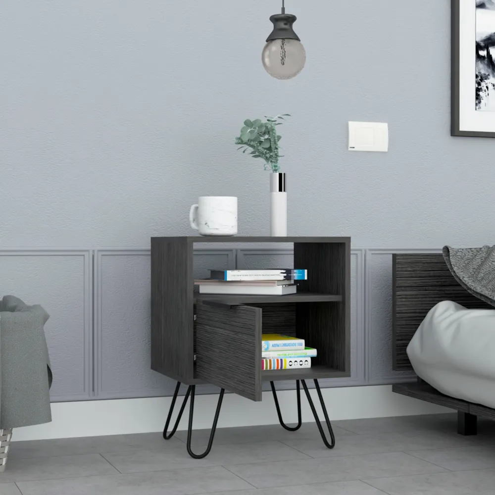 Nightstand 22"H, One Open Shelf, Single Door Cabient, Hairpin Legs, Smokey Oak