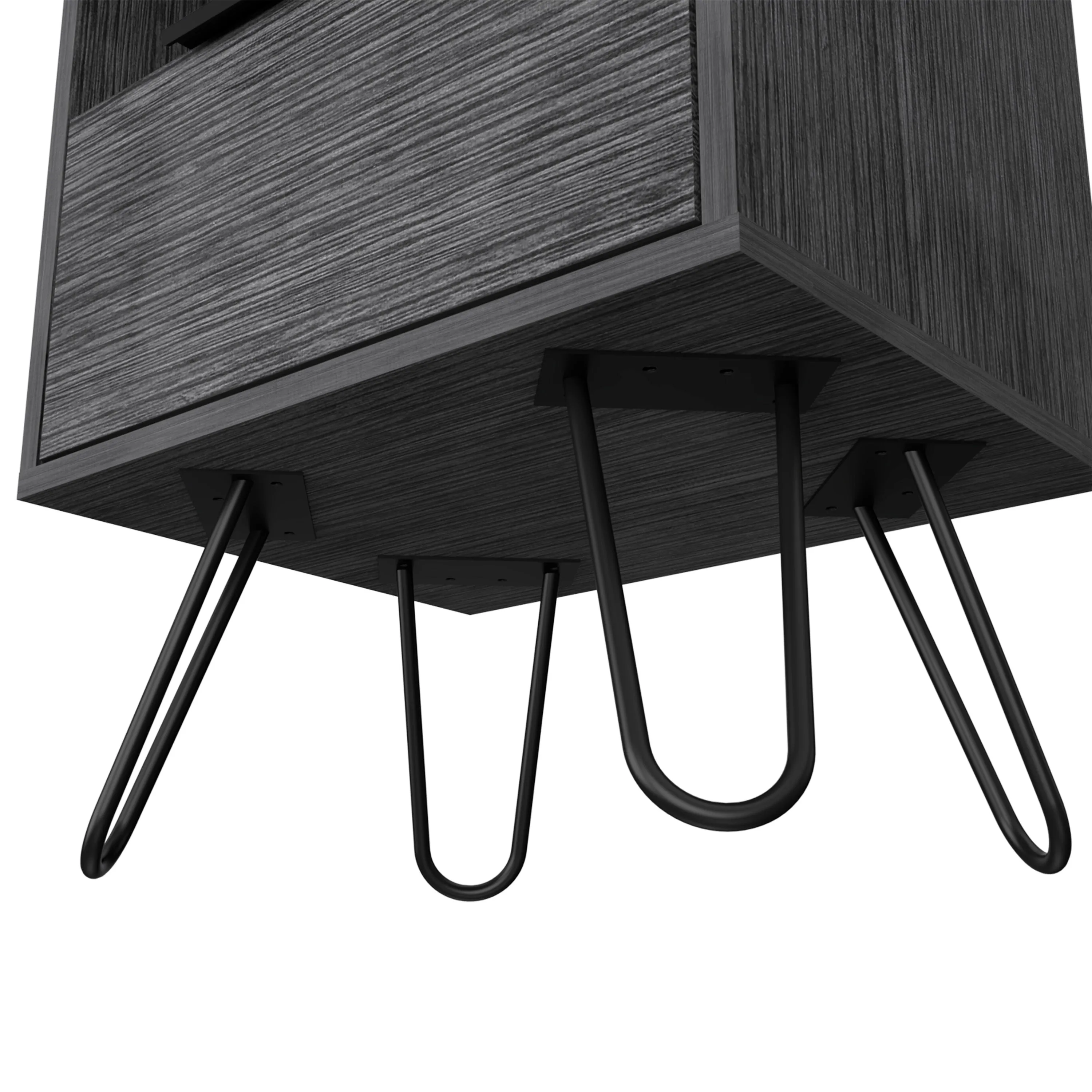 Nightstand 22"H, One Open Shelf, Single Door Cabient, Hairpin Legs, Smokey Oak