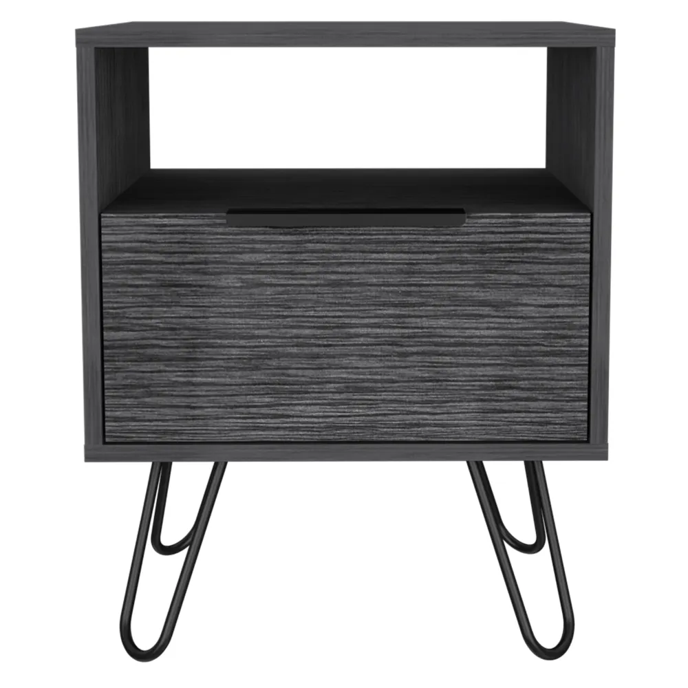 Nightstand 22"H, One Open Shelf, Single Door Cabient, Hairpin Legs, Smokey Oak