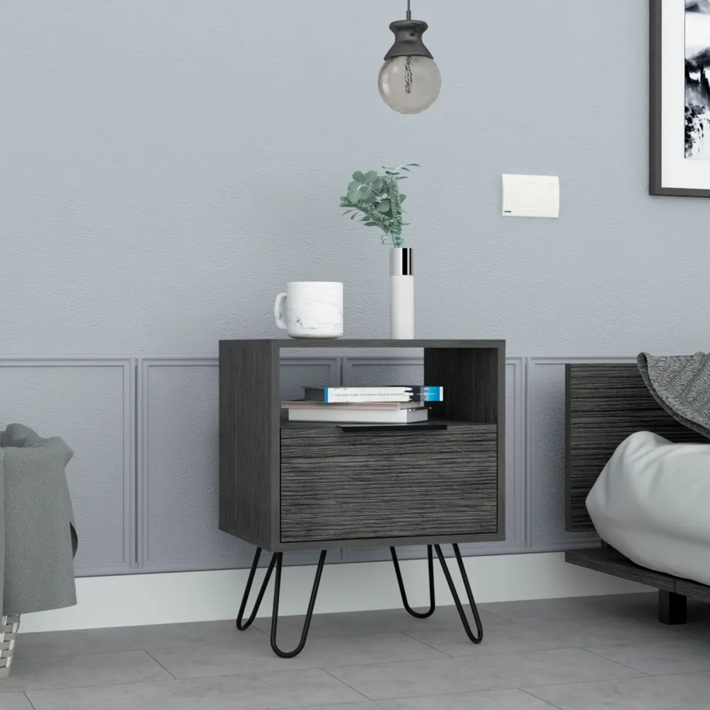 Nightstand 22"H, One Open Shelf, Single Door Cabient, Hairpin Legs, Smokey Oak