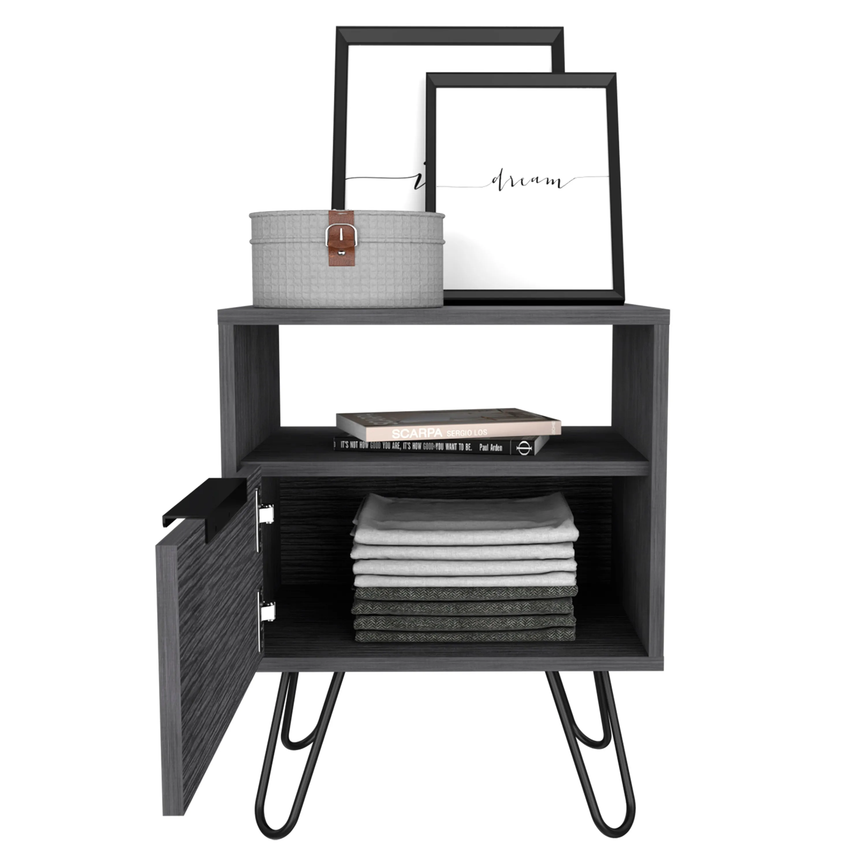 Nightstand 22"H, One Open Shelf, Single Door Cabient, Hairpin Legs, Smokey Oak