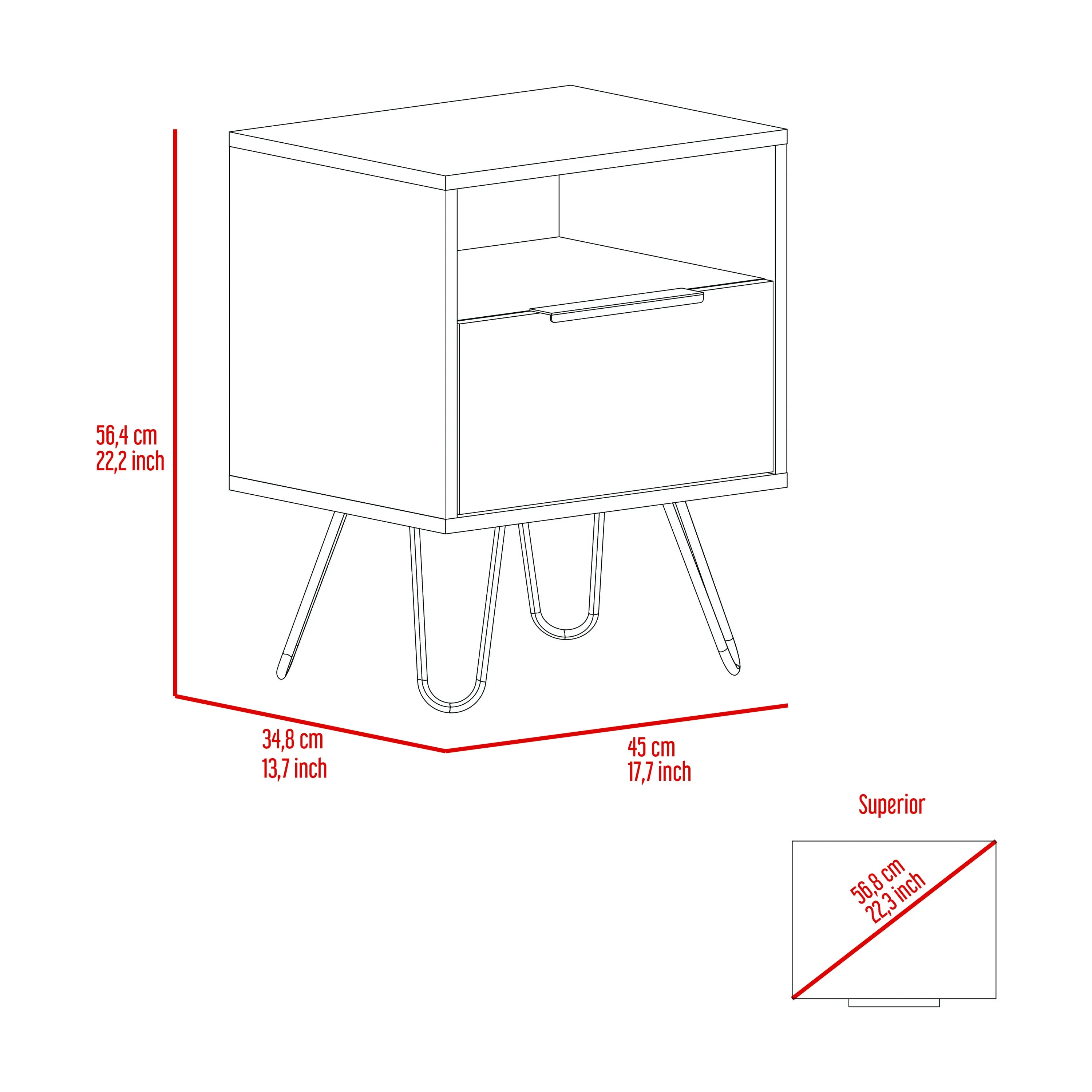 Nightstand 22"H, One Open Shelf, Single Door Cabient, Hairpin Legs, Smokey Oak