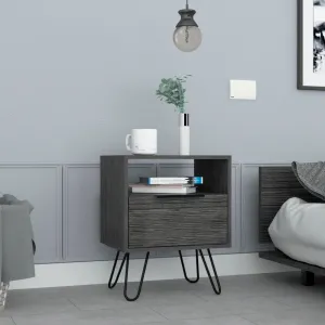 Nightstand 22"H, One Open Shelf, Single Door Cabient, Hairpin Legs, Smokey Oak
