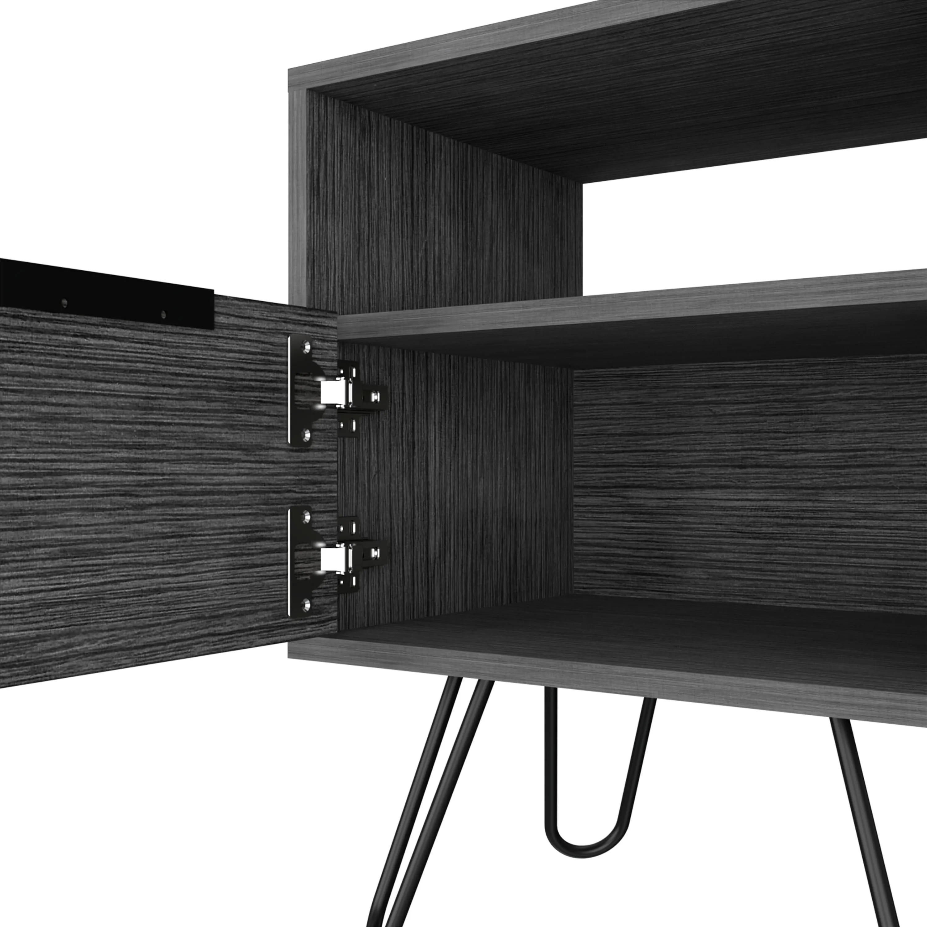 Nightstand 22"H, One Open Shelf, Single Door Cabient, Hairpin Legs, Smokey Oak