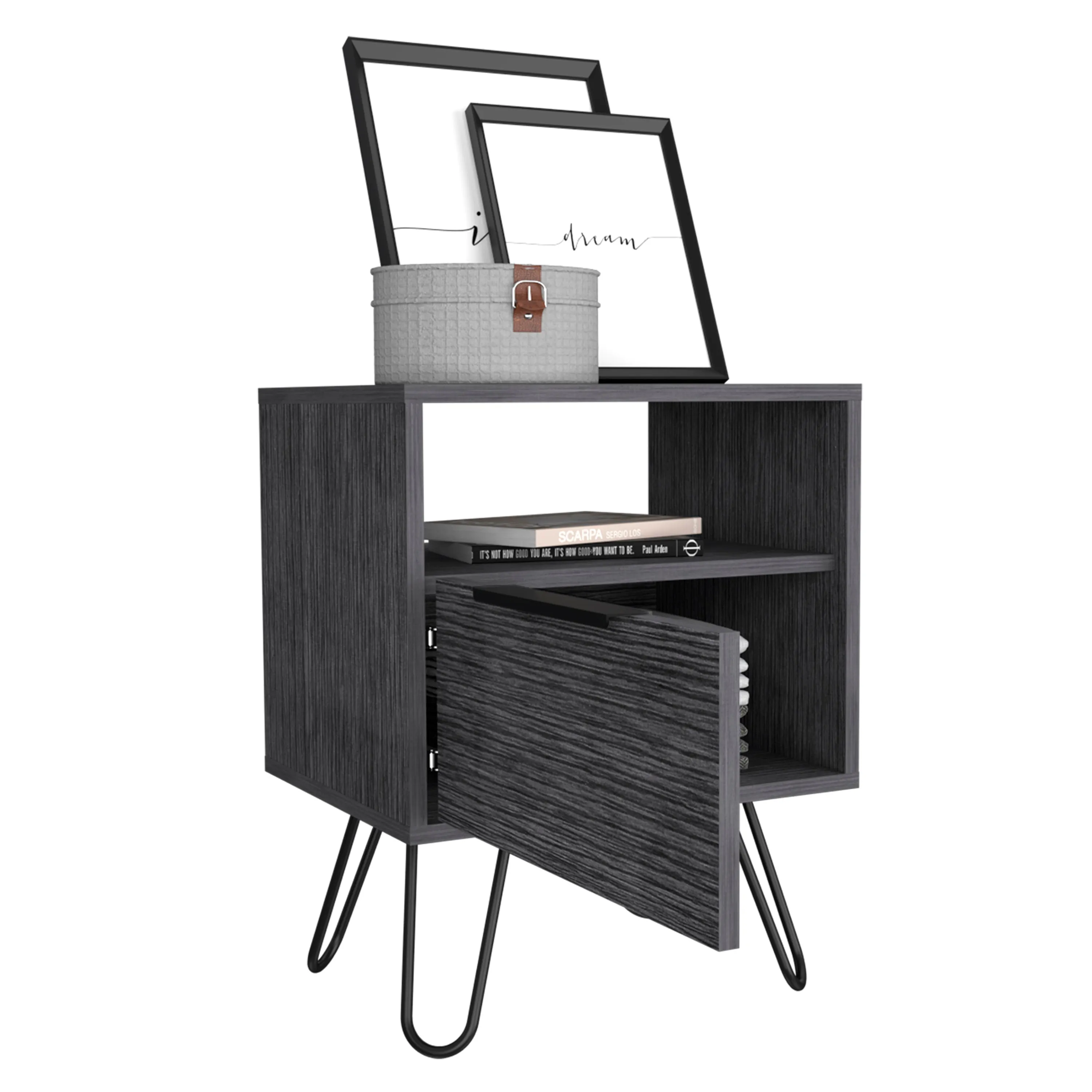 Nightstand 22"H, One Open Shelf, Single Door Cabient, Hairpin Legs, Smokey Oak