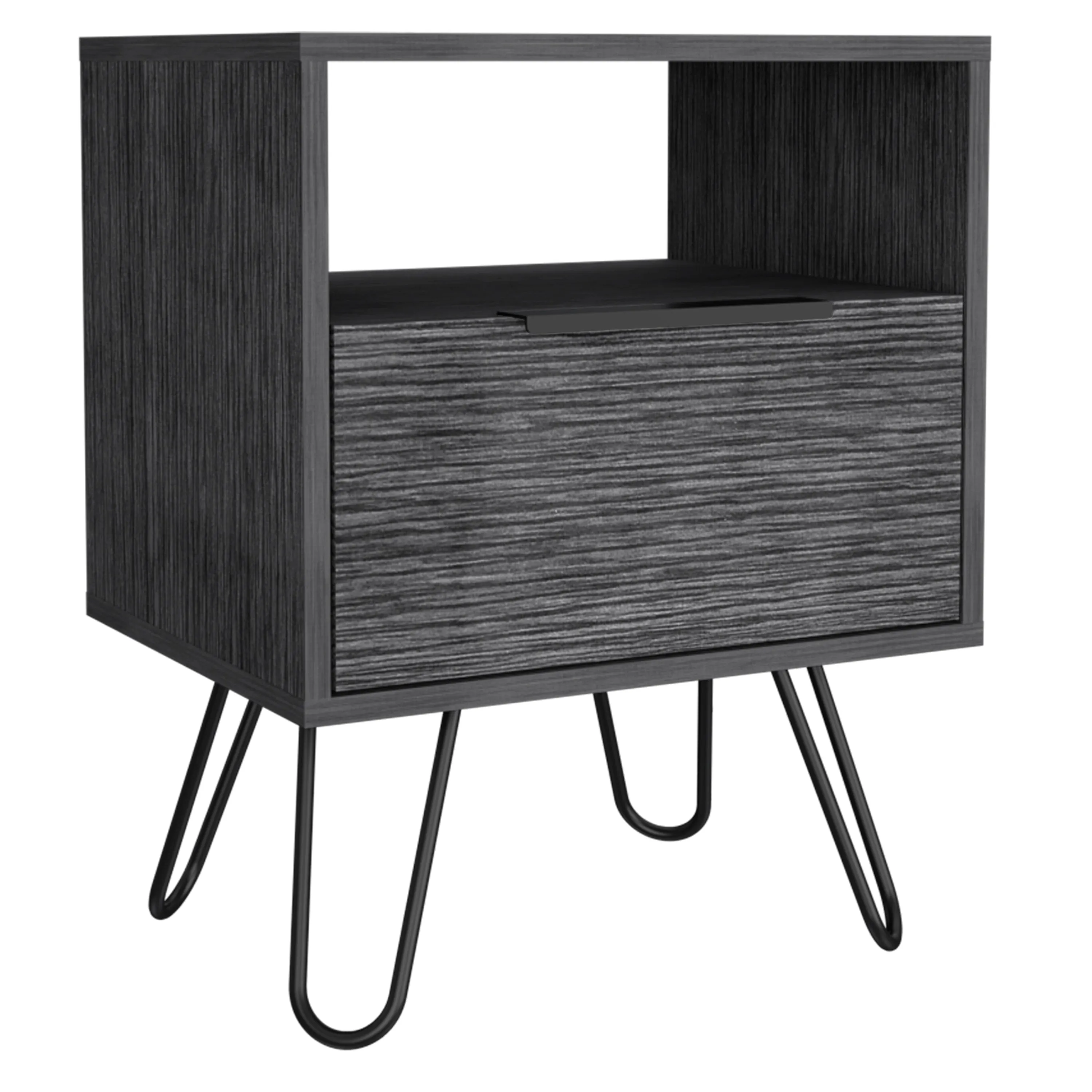 Nightstand 22"H, One Open Shelf, Single Door Cabient, Hairpin Legs, Smokey Oak