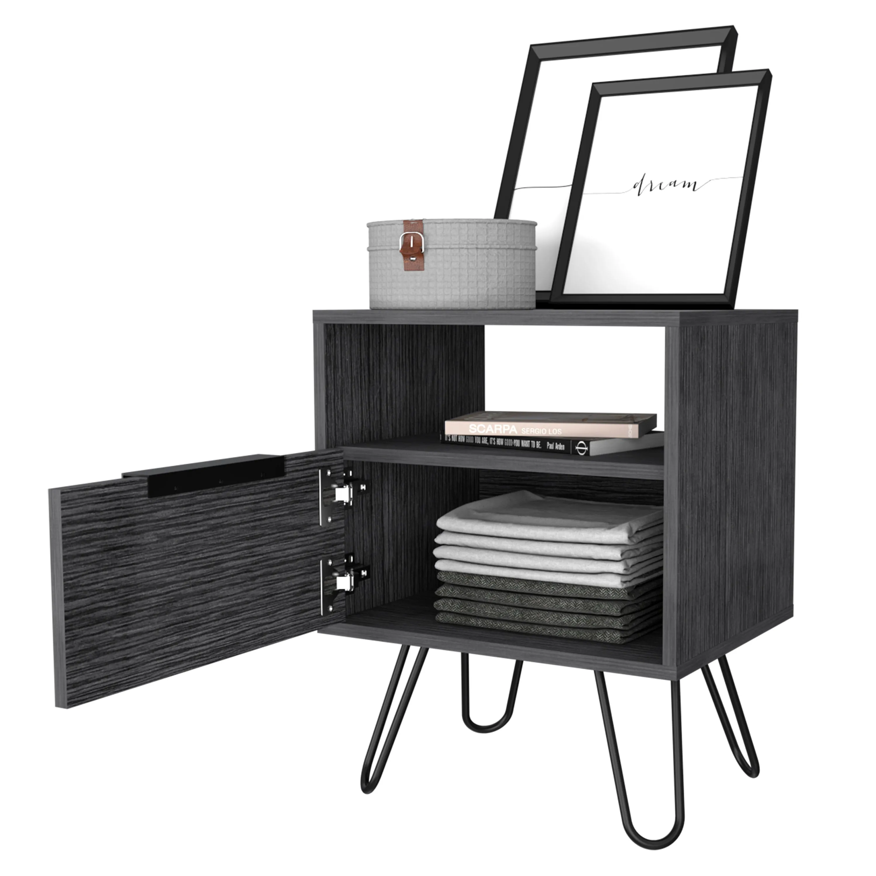 Nightstand 22"H, One Open Shelf, Single Door Cabient, Hairpin Legs, Smokey Oak