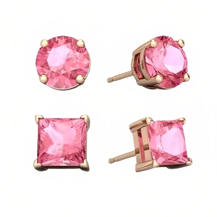 Paris Jewelry 18k Rose Gold 2 Pair Created Pink Sapphire 4mm Round & Princess Cut Stud Earrings Plated