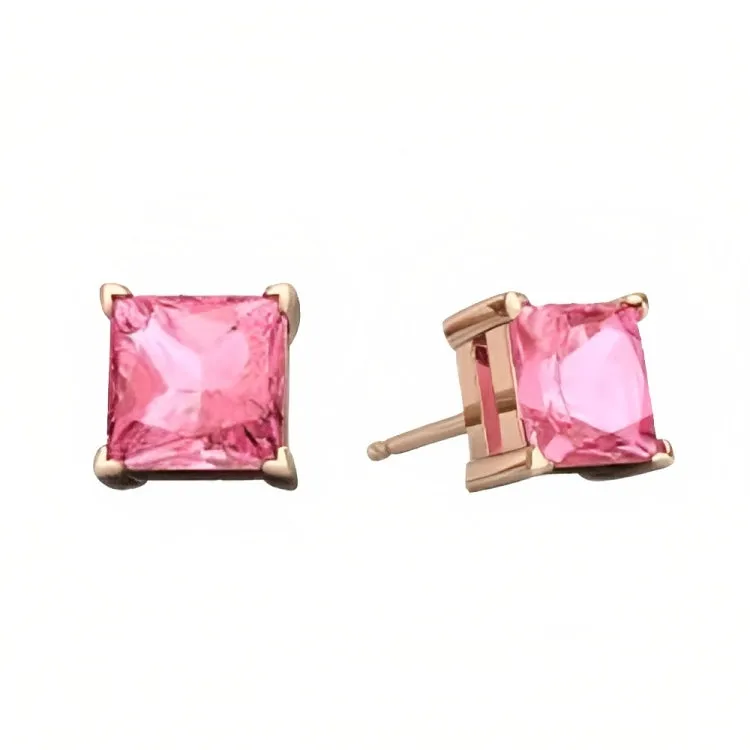 Paris Jewelry 18k Rose Gold 2 Pair Created Pink Sapphire 4mm Round & Princess Cut Stud Earrings Plated