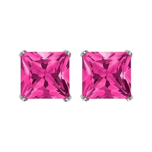 Paris Jewelry 18k White Gold 2 Pair Created Tourmaline 6mm Round & Princess Cut Stud Earrings Plated