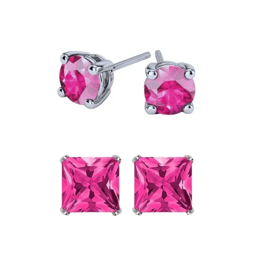 Paris Jewelry 18k White Gold 2 Pair Created Tourmaline 6mm Round & Princess Cut Stud Earrings Plated