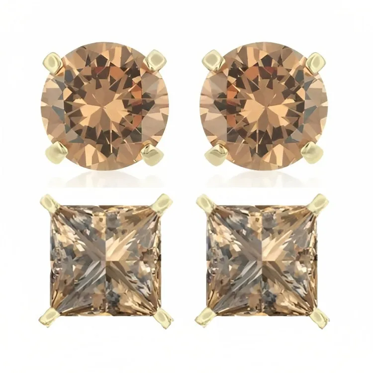 Paris Jewelry 18k Yellow Gold 2 Pair Created Champagne 4mm Round & Princess Cut Stud Earrings Plated