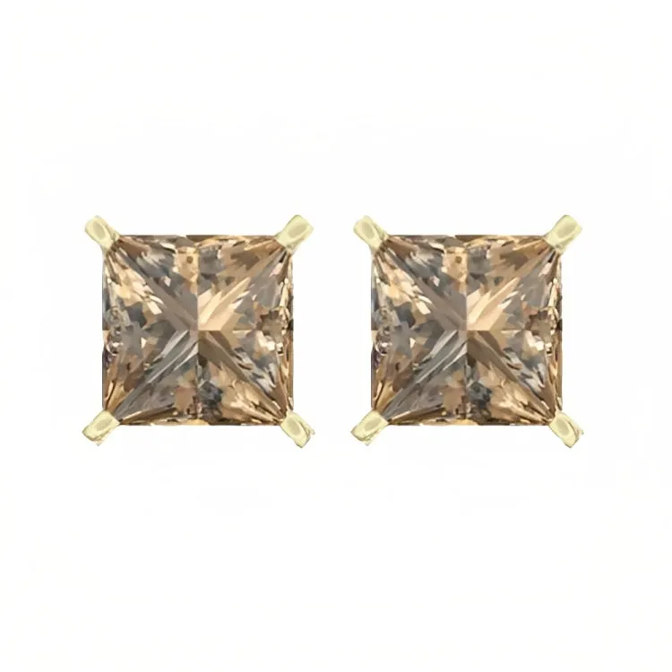 Paris Jewelry 18k Yellow Gold 2 Pair Created Champagne 4mm Round & Princess Cut Stud Earrings Plated