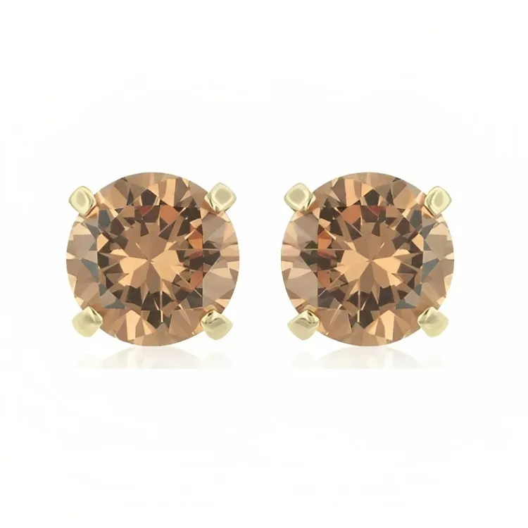 Paris Jewelry 18k Yellow Gold 2 Pair Created Champagne 4mm Round & Princess Cut Stud Earrings Plated