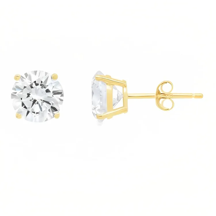 Paris Jewelry 18k Yellow Gold 2 Pair Created White Sapphire 4mm Round & Princess Cut Stud Earrings Plated