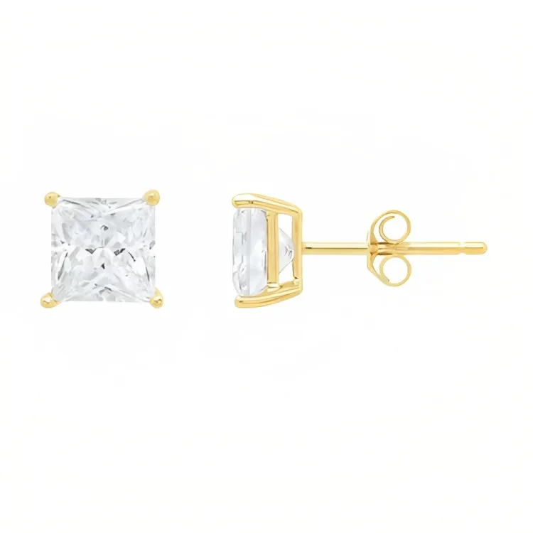 Paris Jewelry 18k Yellow Gold 2 Pair Created White Sapphire 4mm Round & Princess Cut Stud Earrings Plated