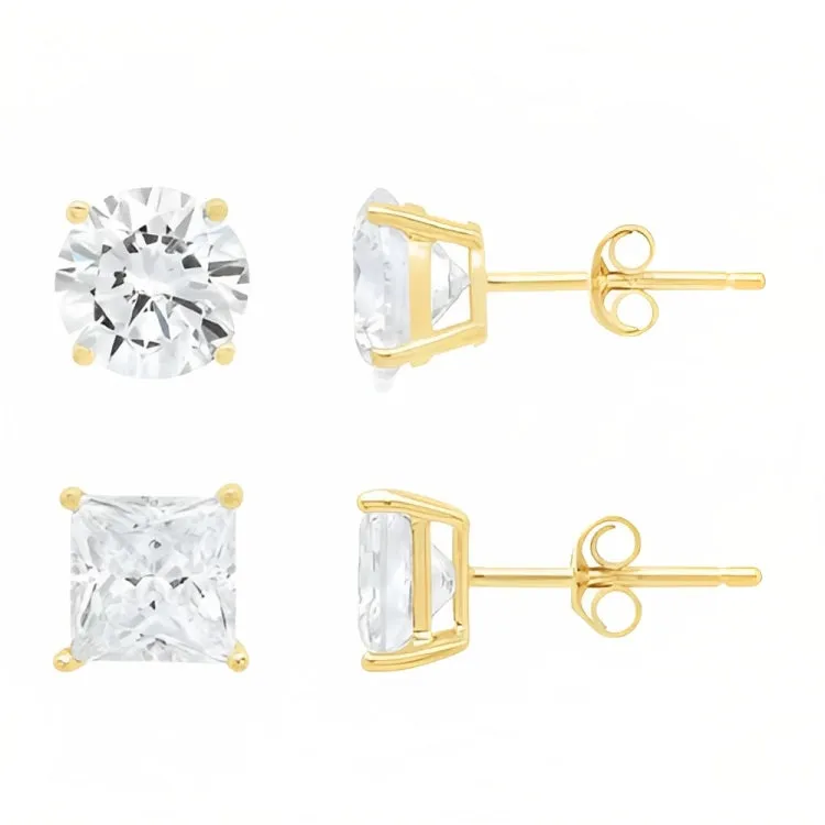 Paris Jewelry 18k Yellow Gold 2 Pair Created White Sapphire 4mm Round & Princess Cut Stud Earrings Plated