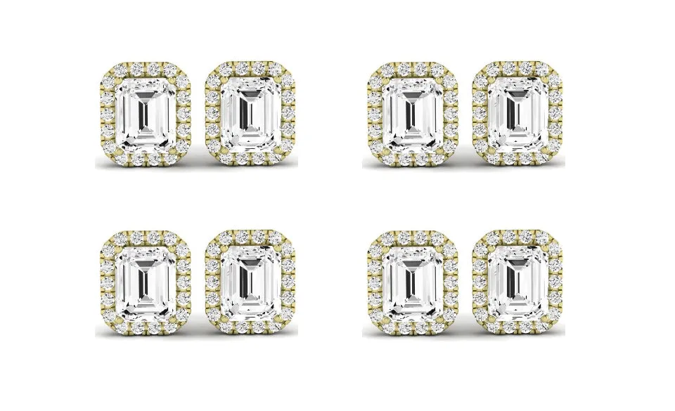 Paris jewelry 18k Yellow Gold 3Ct Emerald Cut White Sapphire Set Of Four Halo Stud Earrings Plated