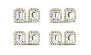 Paris jewelry 18k Yellow Gold 3Ct Emerald Cut White Sapphire Set Of Four Halo Stud Earrings Plated