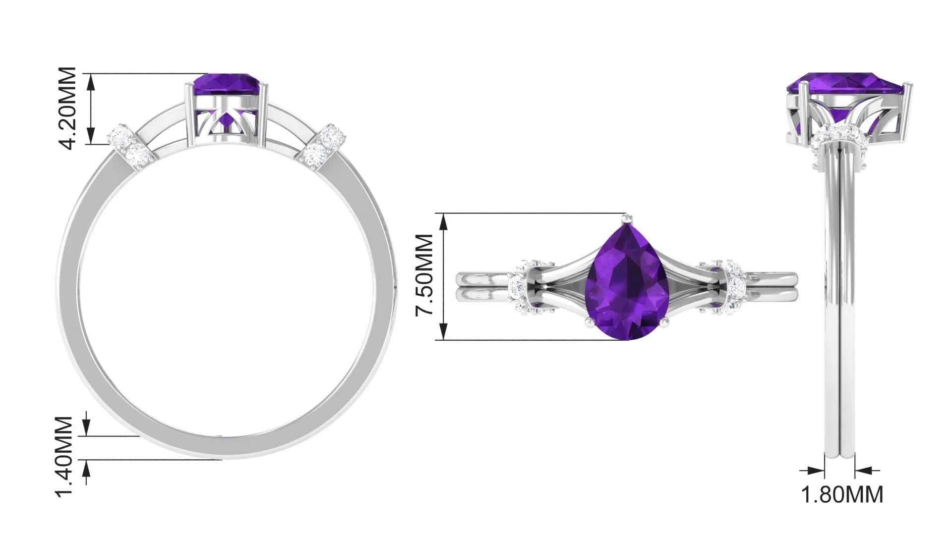 Pear Cut Amethyst Solitaire Ring with Diamond in Split Shank