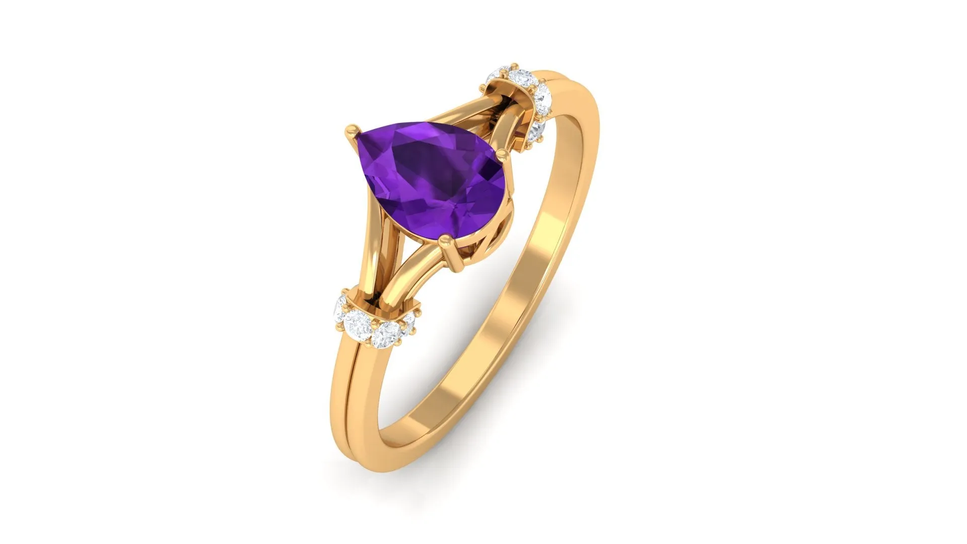 Pear Cut Amethyst Solitaire Ring with Diamond in Split Shank