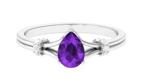 Pear Cut Amethyst Solitaire Ring with Diamond in Split Shank