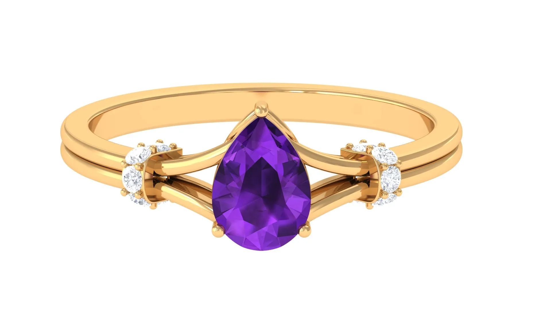 Pear Cut Amethyst Solitaire Ring with Diamond in Split Shank