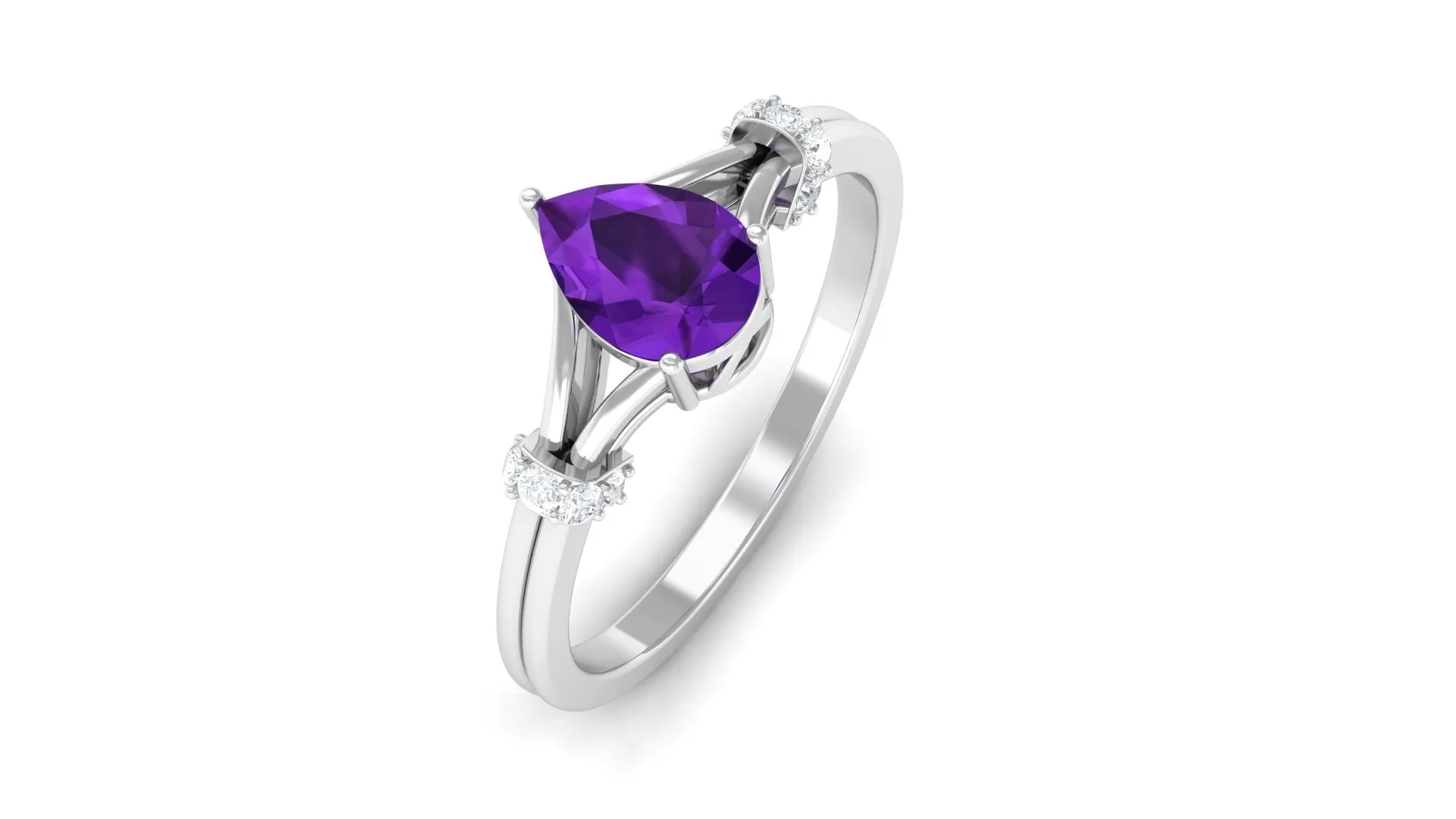 Pear Cut Amethyst Solitaire Ring with Diamond in Split Shank