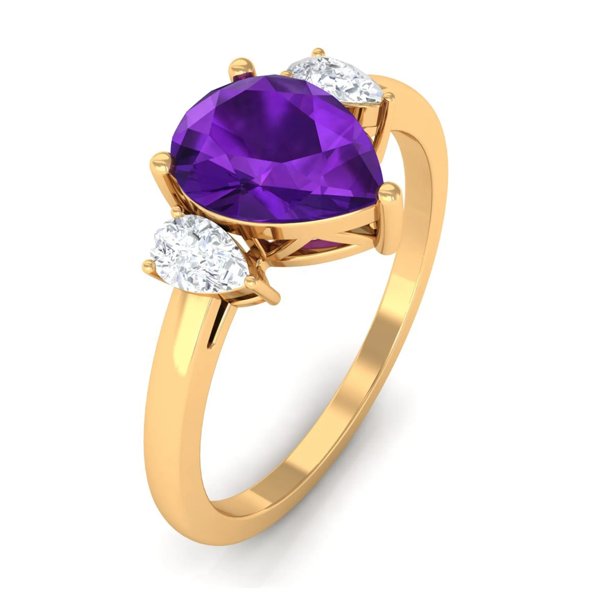 Pear Shape Amethyst Solitaire Ring with Diamond Side Stones