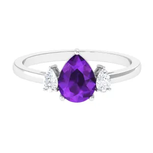 Pear Shape Amethyst Solitaire Ring with Diamond Side Stones