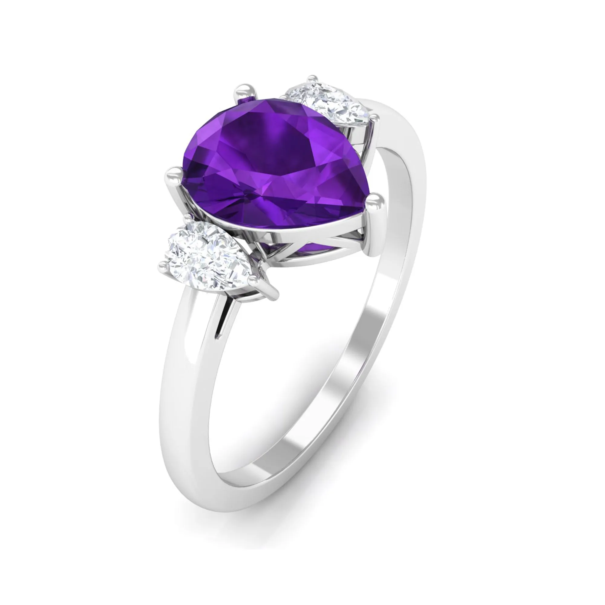 Pear Shape Amethyst Solitaire Ring with Diamond Side Stones
